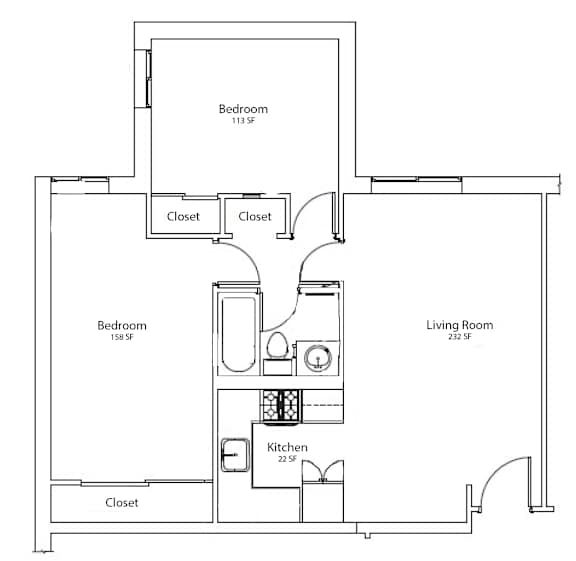 A floor plan of a small apartment with two bedrooms, a living room, and a kitchen.