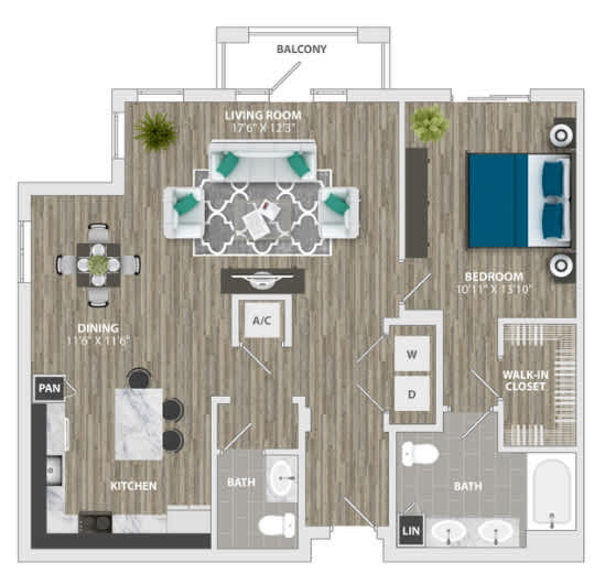 A floor plan of a house with a living room, dining room, kitchen, and two bathrooms.