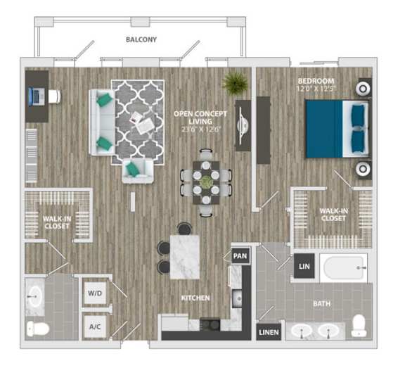 A floor plan of an apartment with a balcony, open concept living and dining area, and a bedroom.