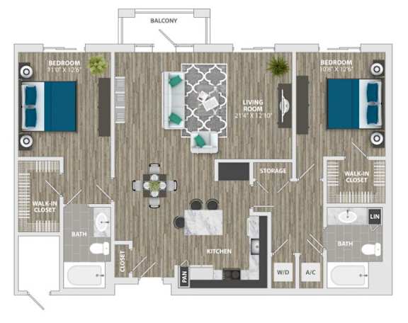 A floor plan of an apartment with a living room, kitchen, and two bedrooms.
