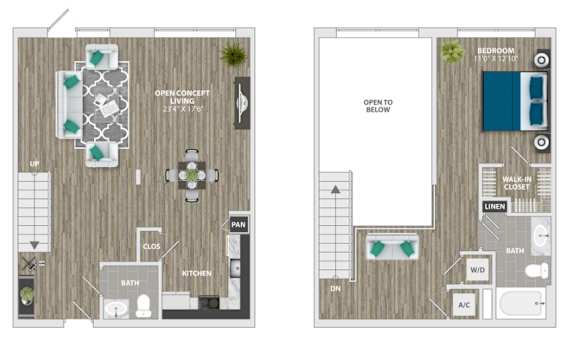 A floor plan of a small apartment with a living room, kitchen, bathroom, and bedroom.