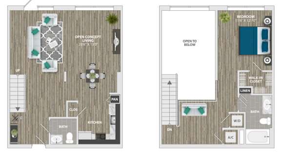 A floor plan of a house with a bedroom, bathroom, kitchen, and open concept area.