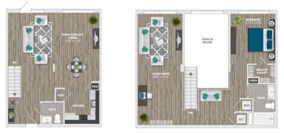 Two images of a floor plan for a house with a kitchen, living room, and bathroom.