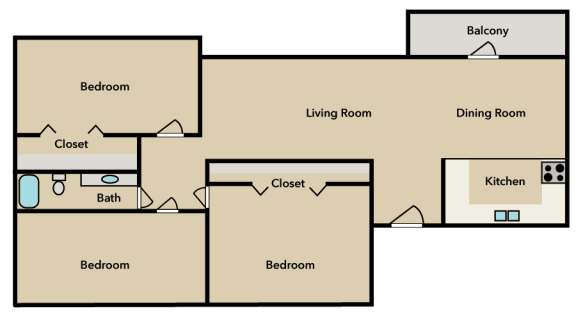 The 3-bedroom, 1-bath, 1,100 square foot 2D floor plan at Mountainside Apartments in Birmingham, AL