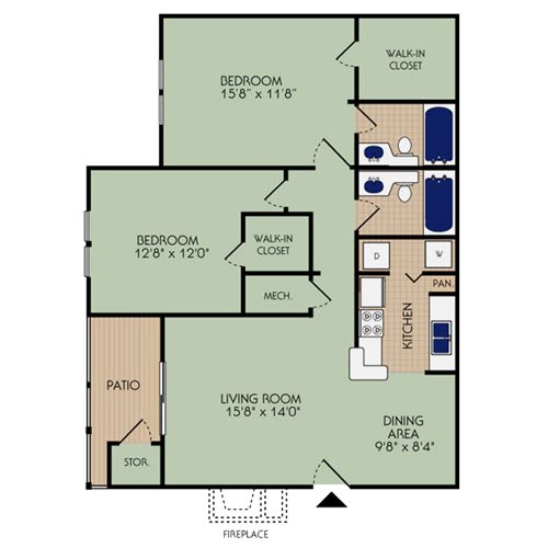 2x2 1060 square foot apartment floor plan at Stillwater at Grandview Cove, Simpsonville, SC, 29680