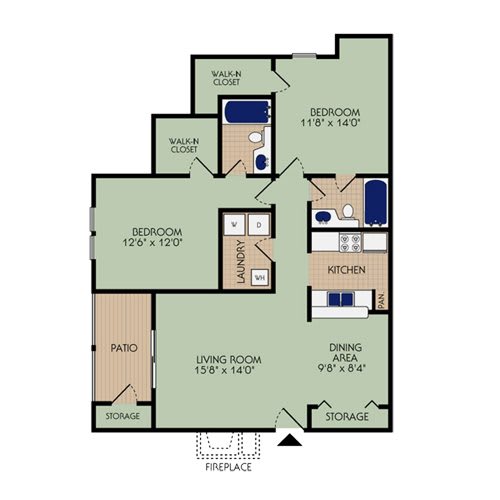 2x2 1055 square foot apartment floor plan at Stillwater at Grandview Cove, Simpsonville, SC