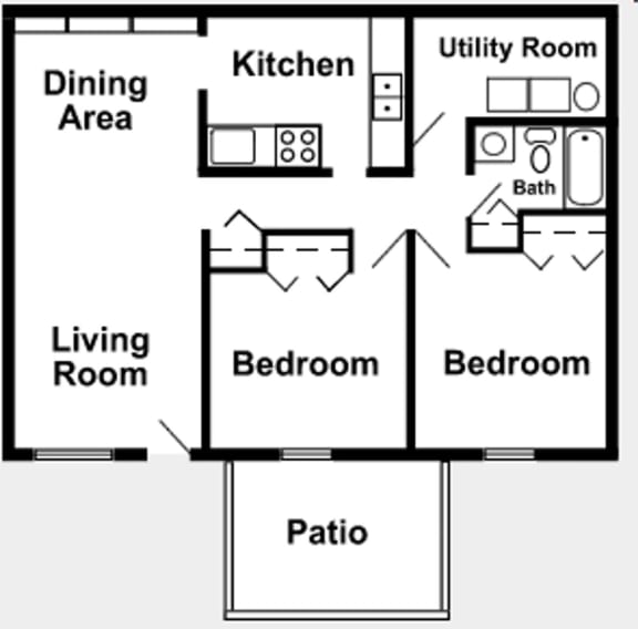 The 2-bed, 1-bath 864 square foot floor plan at The Sands on Clearlake