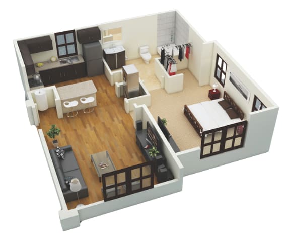 A 3D rendered image of a modern apartment layout.