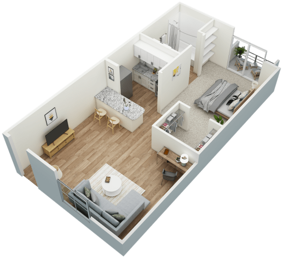 Ridgewood-1x1-501 3D Floor Plan at The Oasis Apartments, Daytona Beach, FL, 32114