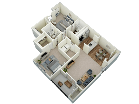 A 3D floor plan of a house with a kitchen, living room, and two bedrooms.