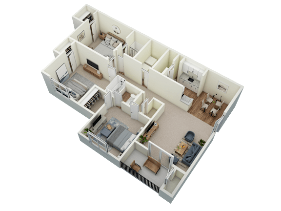 A 3D image of a house layout with a kitchen, living room, and two bedrooms.