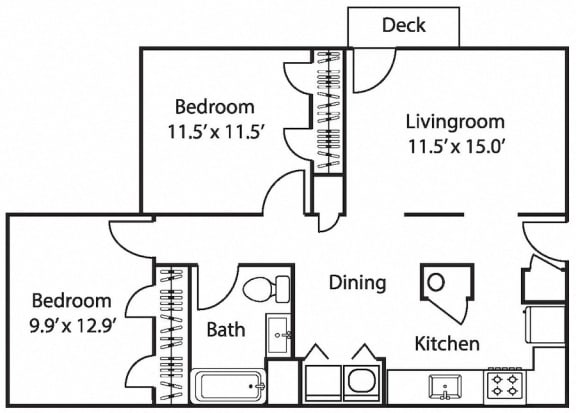 Floor Plan  The Avery at Auburn Apartments in Auburn, AL 2 bedroom 1 bath Magnolia floor plan