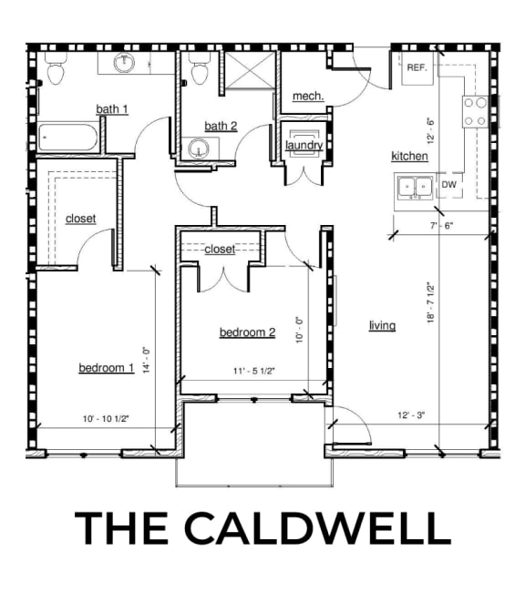 The Caldwell 2x2 1,107 square foot floor plan at Rise Lakeview Apartments in Birmingham, AL