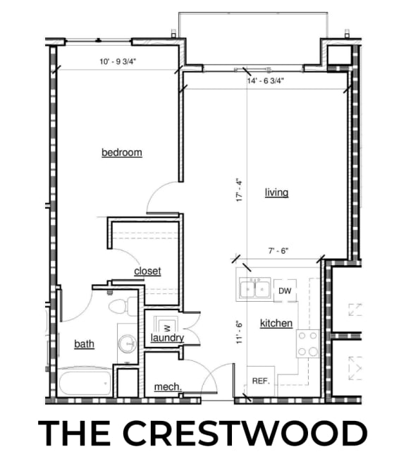 Floor Plan  The Crestwood 1x1 800 square foot floor plan at Rise Lakeview Apartments in Birmingham, AL