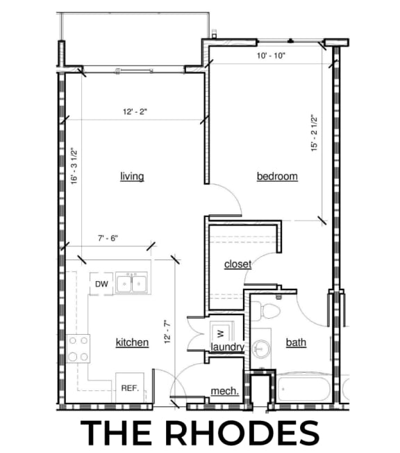 Floor Plan  The Rhodes 1x1 741 Square Foot Floor Plan at Rise Lakeview Apartments in Birmingham, AL