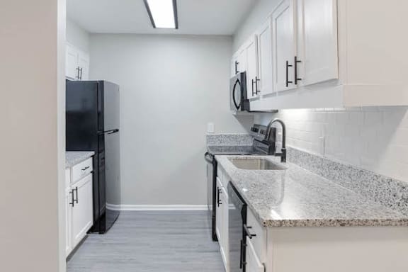 a renovated kitchen with quartz countertops in the model at The Onyx Hoover