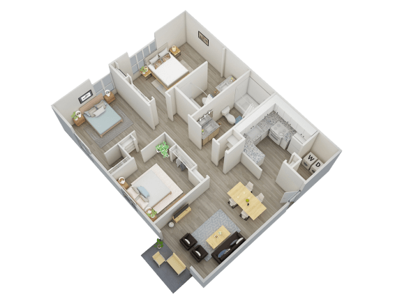 three-bedroom, two-bathroom 889 square foot floor plan at Woodland Villas Apartments in Jasper, AL