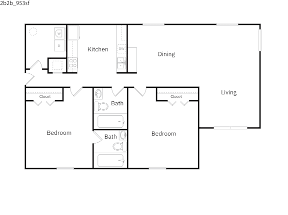 A floor plan of a house with a kitchen, dining room, living room, and two bedrooms.