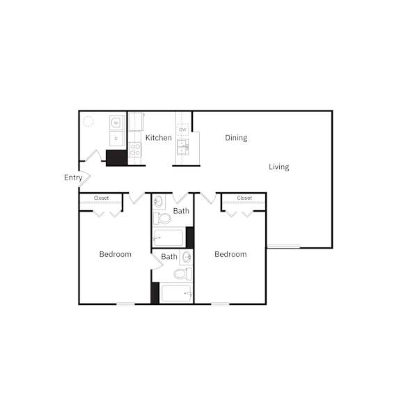 A floor plan of a house with a kitchen, dining and living room.