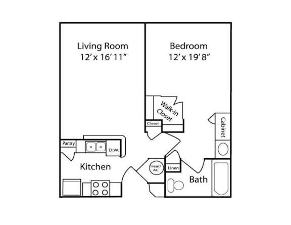 A drawing of a house layout with a living room, kitchen, bedroom, and bathroom.