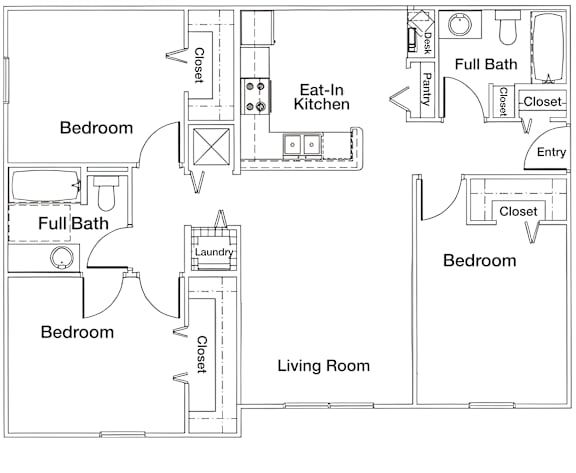 A floor plan of a home with three bedrooms, a living room, a kitchen, a laundry room, and a full bath.