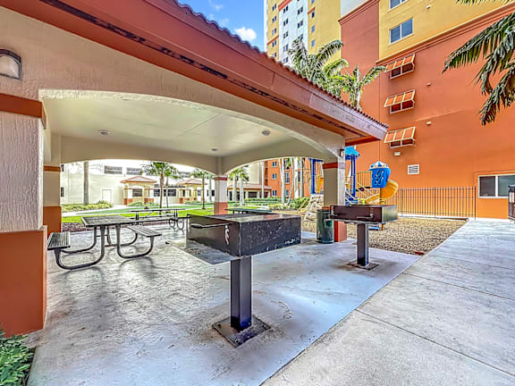 A covered picnic area with a grill and tables