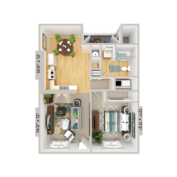 1 bedroom 1 bathroom floorplan at Patriot Point Apartment Homes, Spring Lake