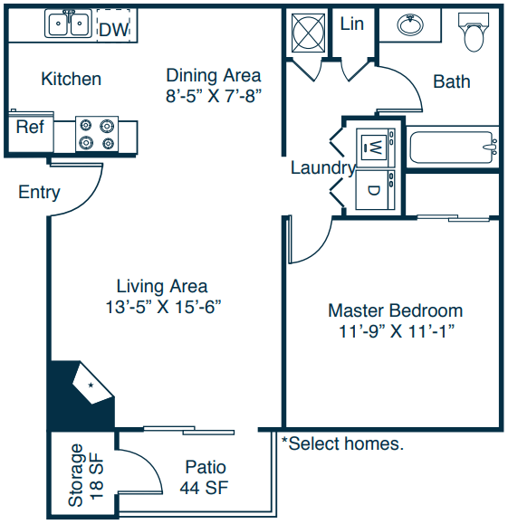 A1 Floor Plan at The Parke at Trinity Apartment Homes, Raleigh, NC, 27607
