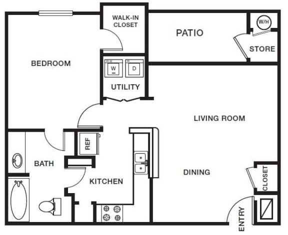 One bedroom one bathroom floorplan
