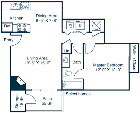 A2 Floor Plan at The Parke at Trinity Apartment Homes, Raleigh, NC