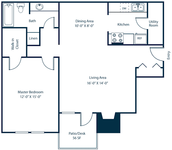One bedroom one bathroom floor plan