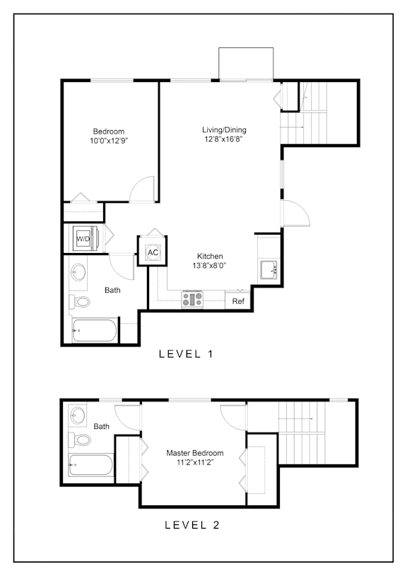 A floor plan of a two level home with a living room, dining room, kitchen, and bathrooms.