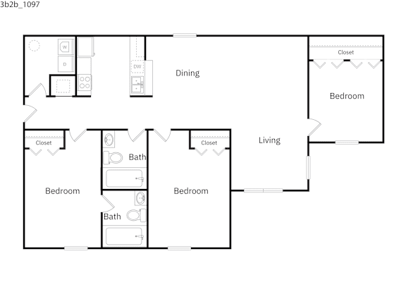 A floor plan of a house with a dining area, living room, and three bedrooms.