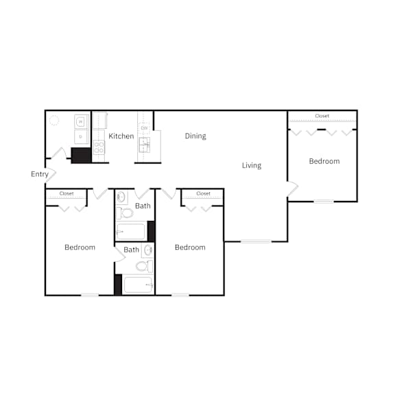 A floor plan of a house with a kitchen, dining room, living room, and three bedrooms.
