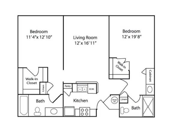 A floor plan of a home with three bedrooms, a living room, a kitchen, two bathrooms, a pantry, a walk-in closet, and a linen closet.