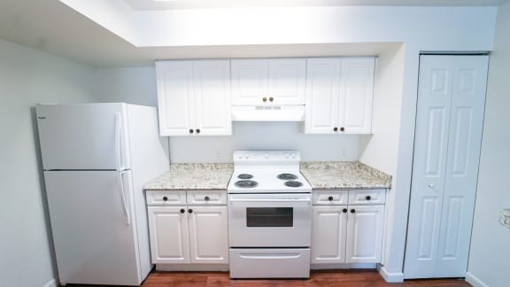 Kitchen with hardwood style flooring, white cabinetry and white appliances