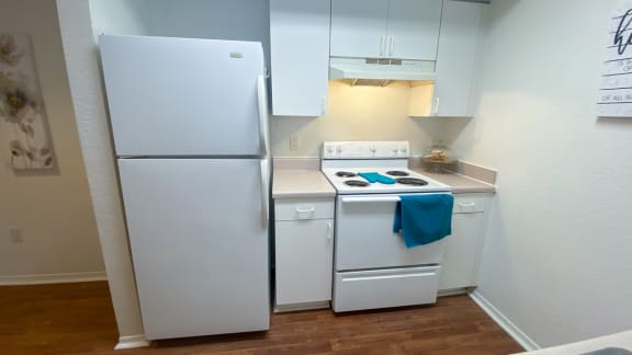 Kitchen with hardwood style flooring, white appliances, and white cabinets