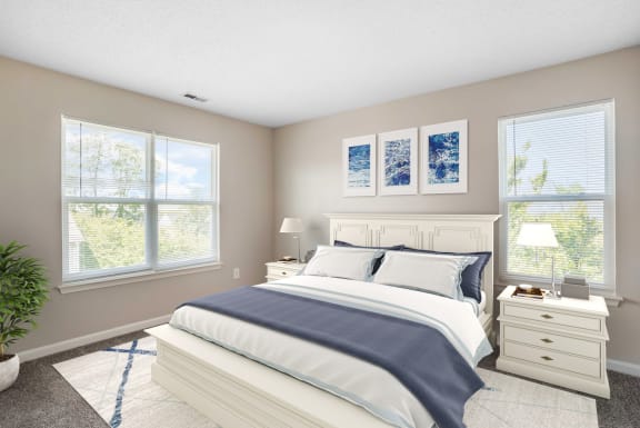 Bedroom with virtual bed with night stands and lamps.
