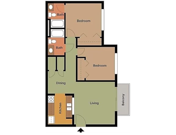 A floor plan of a house with two bedrooms, a living room, a dining room, a kitchen, a bathroom, and a balcony.