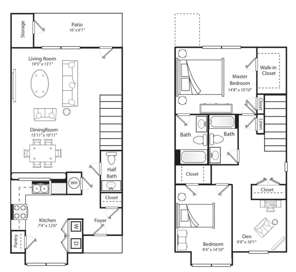 Two Bedroom Two and half Bath 1451 Square Feet  Version one