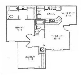 Two bedroom two bathroom 947 square foot floor plan
