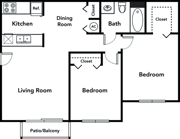 2 Bedroom 1 Bathroom Floor Plan 761 square feet