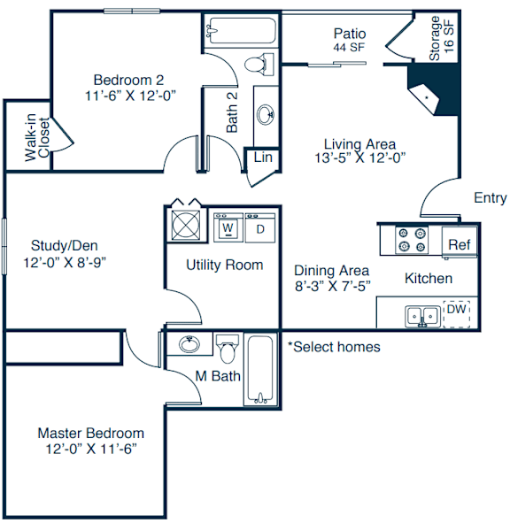 B2 Floor Plan at The Parke at Trinity Apartment Homes, North Carolina