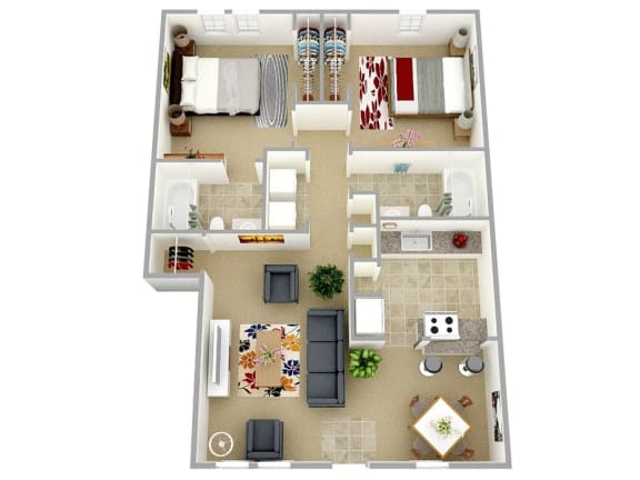 Two bedroom two bath 949 sqft floor plan