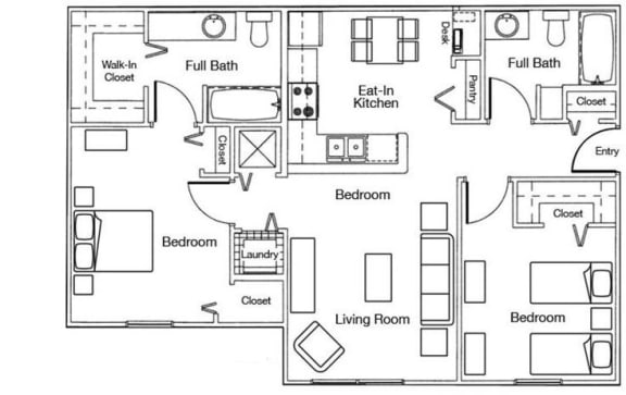 2 Bedroom 2 Bathroom Floor Plan