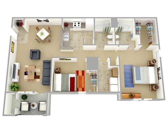 Two bedroom two bath 988 sqft Floor Plan at The Landings at Markhams Grant Apartments, Woodbridge, 22191