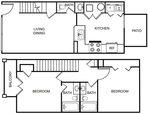 Two Bedroom Two and a half Bathroom Floorplan 1158
