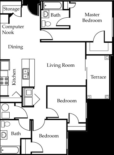three bedroom two bathroom floorplan