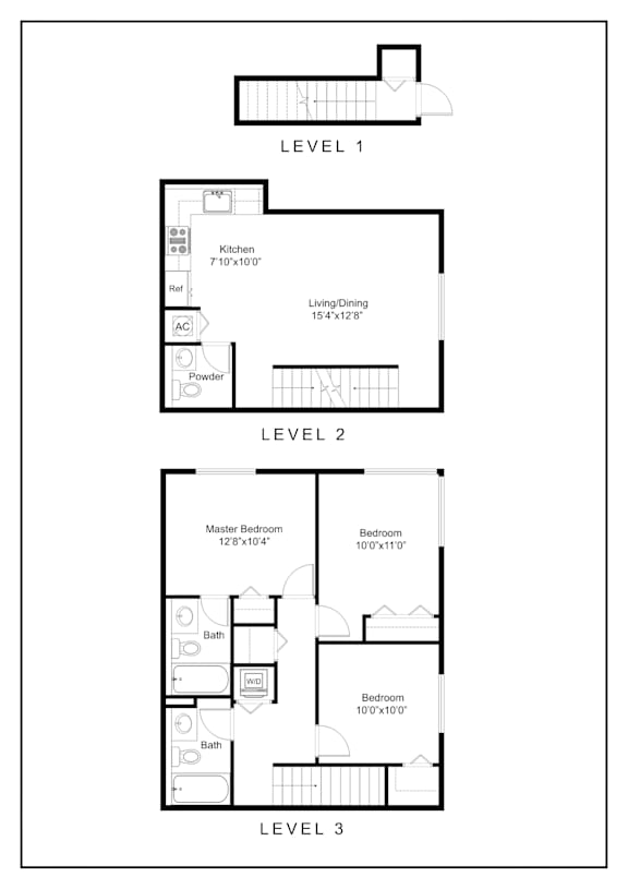 A black and white image of a floor plan for a three-story building.