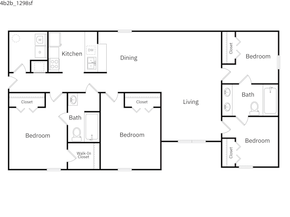 A floor plan of a house with a kitchen, dining room, living room and four bedrooms.
